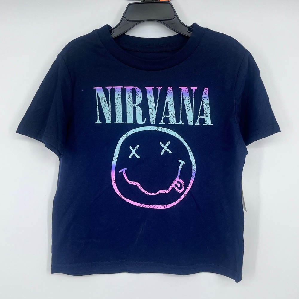 Nirvana Graphic‎ T-Shirt Kids 4T Navy Blue Smiley Face 1993 Tour Date Print